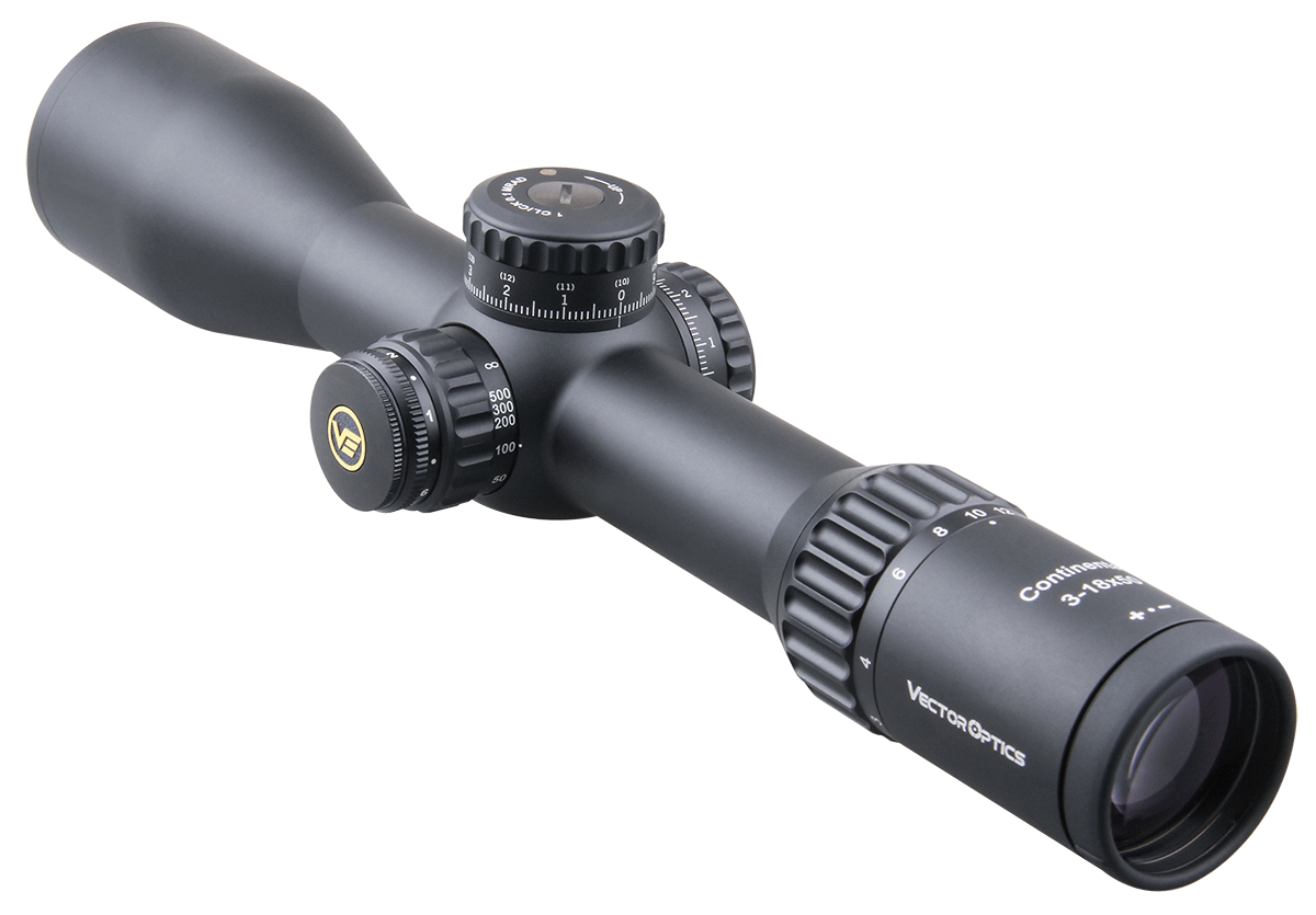 Vector Optics Continental 3-18x50 HD FFP Hunting Riflescope showcasing its sleek design and advanced features.